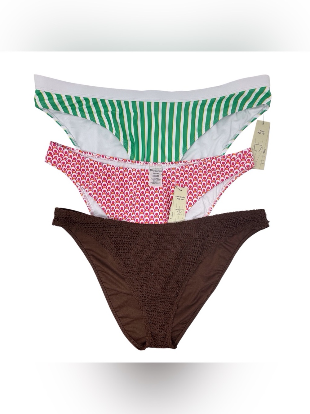 Women’s cheeky high leg Bikini Bottoms /Green Stripe, Pink Geo, Brown sz XXL/20